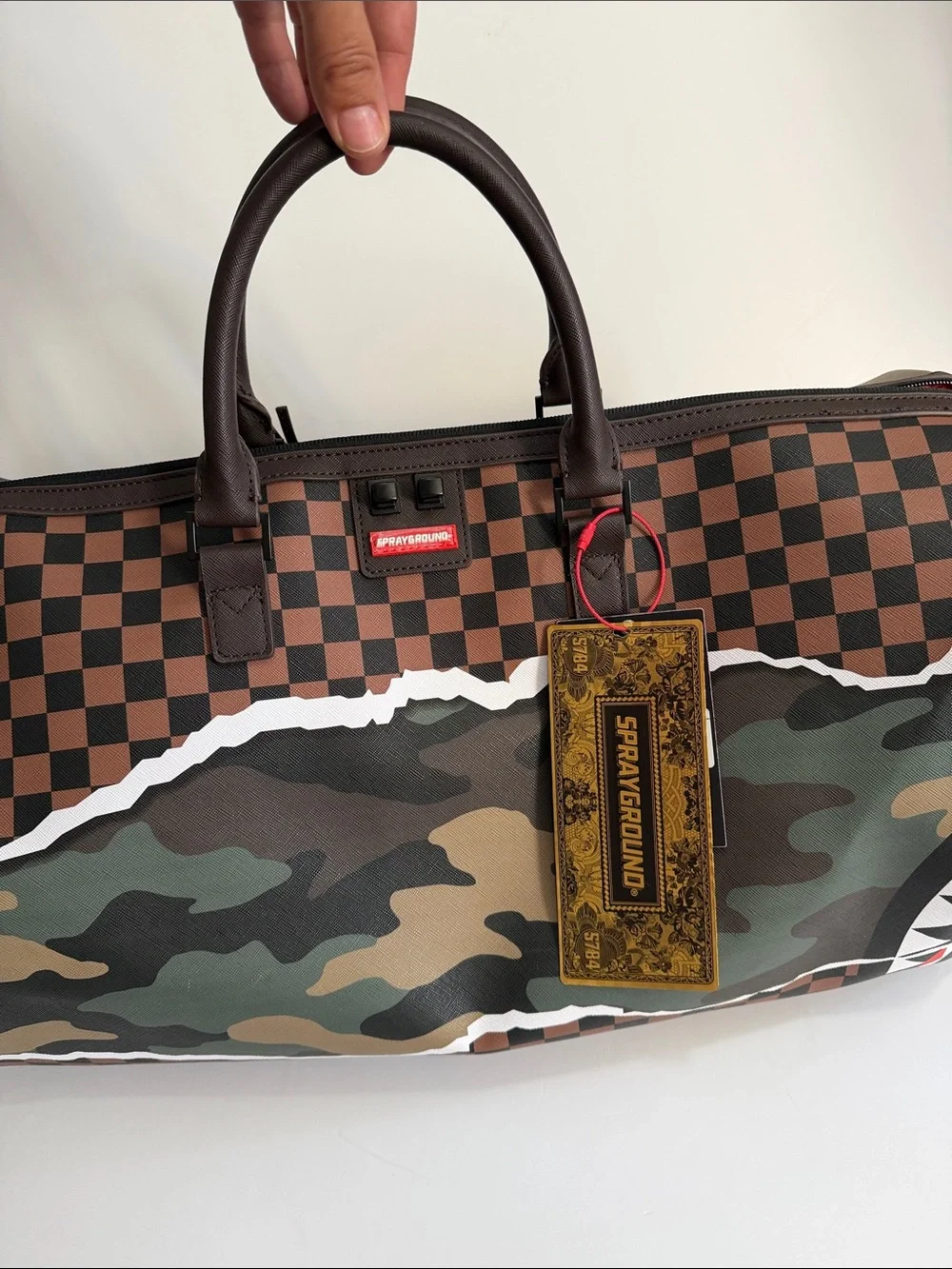 Sprayground Brown Green Camo Shark Duffel Bag limited edition